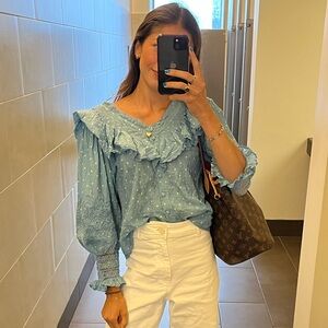 Loveshackfancy blue ruffle blouse